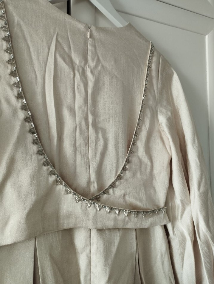 Uzun Kollu Krem Drapeli Abiye Elbise - Görsel 5