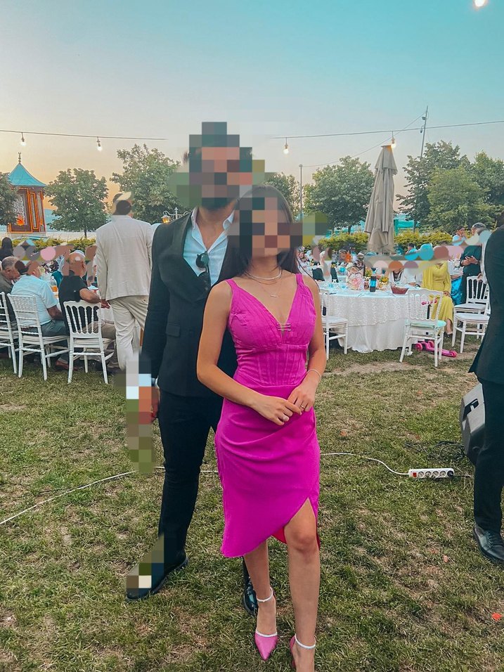 Pembe V Yakalı Drapeli Uzun Abiye Elbise - Görsel 2