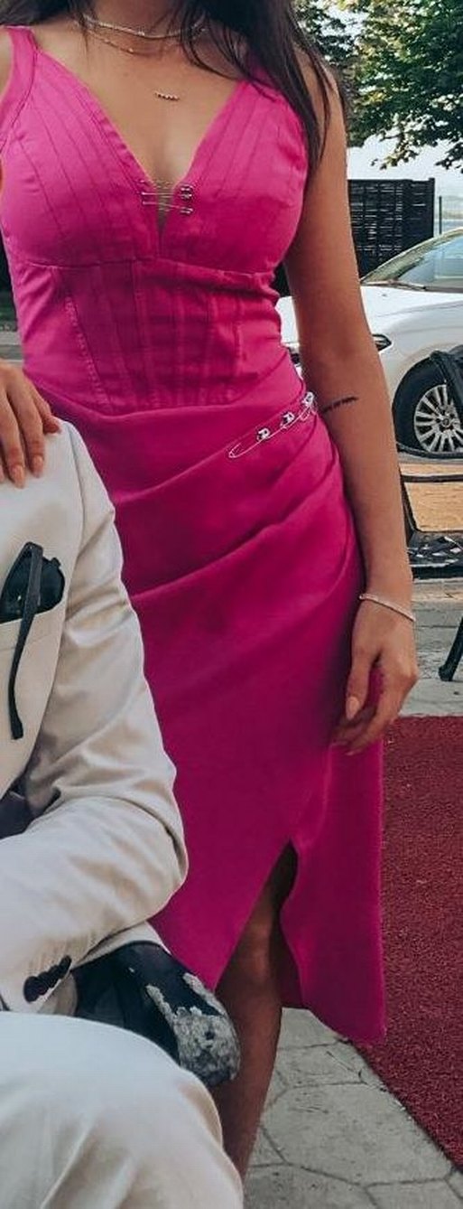 Pembe V Yakalı Drapeli Uzun Abiye Elbise - Görsel 4