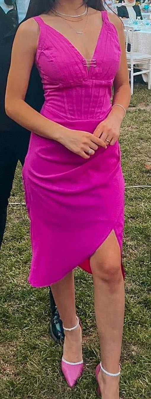 Pembe V Yakalı Drapeli Uzun Abiye Elbise - Görsel 3