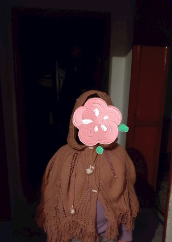 Pembe Kapüşonlu Kız Panço Örgü Detaylı - Görsel 3