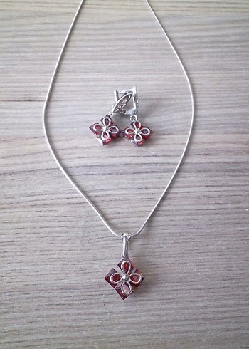 Bordo savaroski taşlı Çiçek Desenli Kadın Takı Seti - Görsel 2