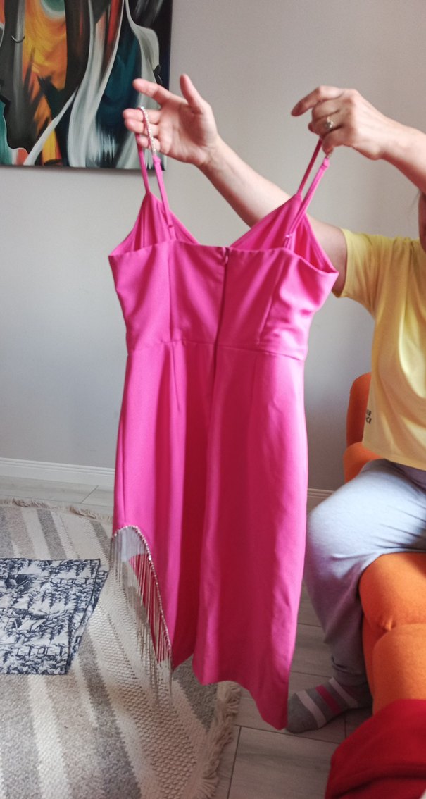 Pembe Drapeli Midi V Yaka Elbise - Görsel 2