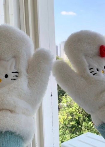Beyaz Peluş hello kitty eldiven - Görsel 6