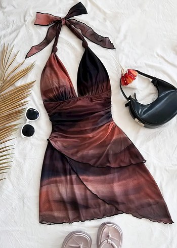 Drapeli Kahverengi Mini Halter Elbise