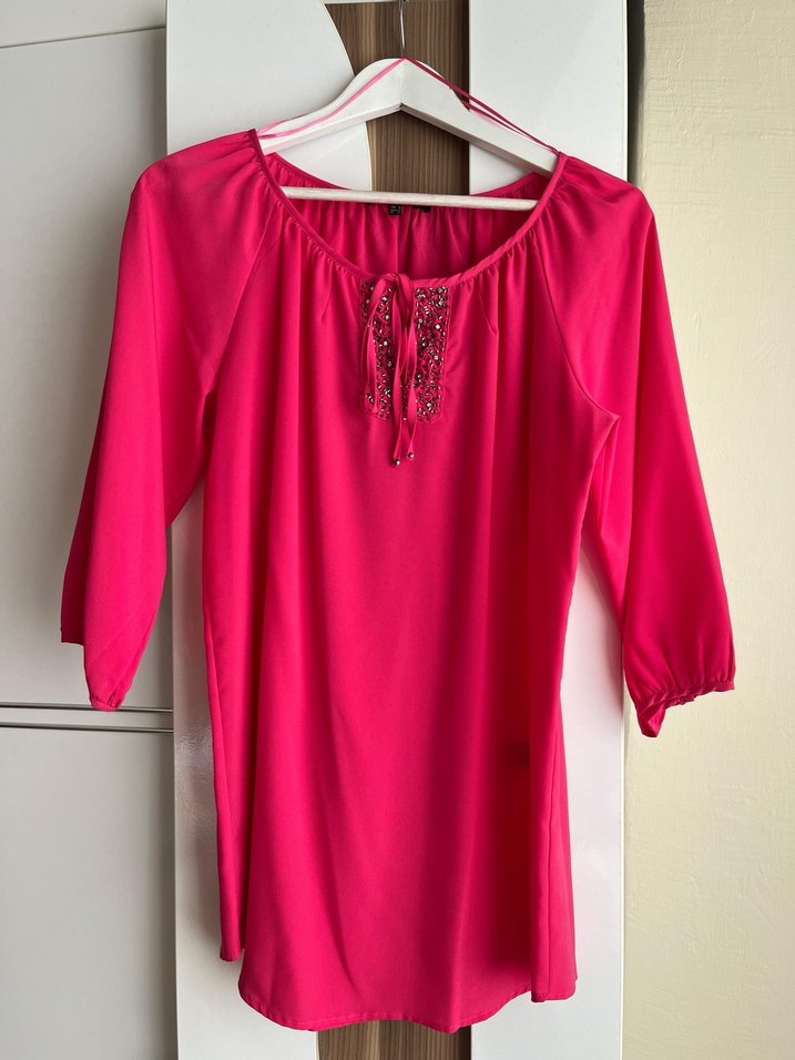 Pembe V Yaka Drapeli Kadın Bluz - Görsel 2