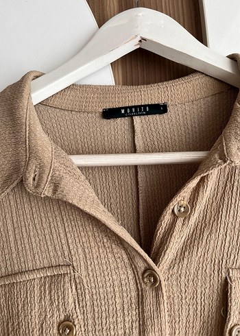 Düğmeli Bej Uzun Kadın Tunik - Görsel 3