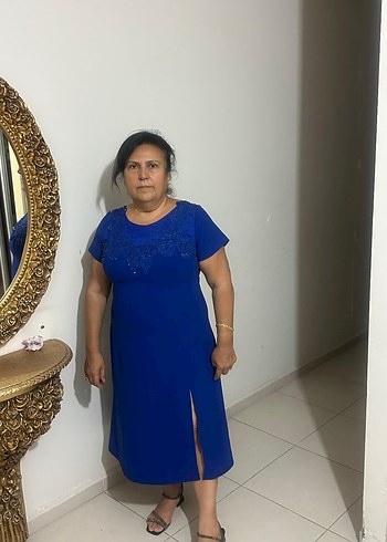 48 Beden Lacivert V Yaka Midi Kadın Elbise