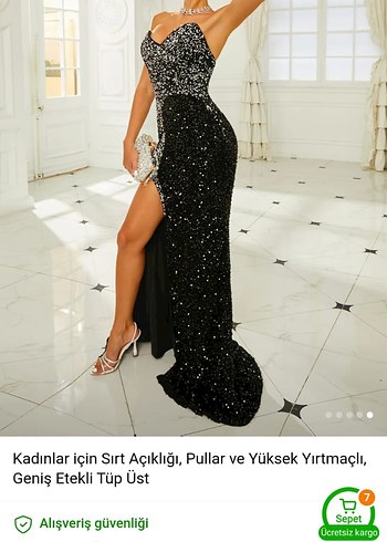 Sırtı Açık Siyah Payetli Uzun Abiye Elbise