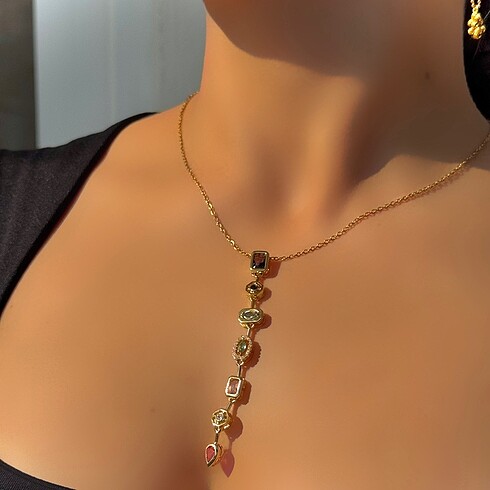  Beden Renkli taşlı Y kolye | 14k altın kaplama