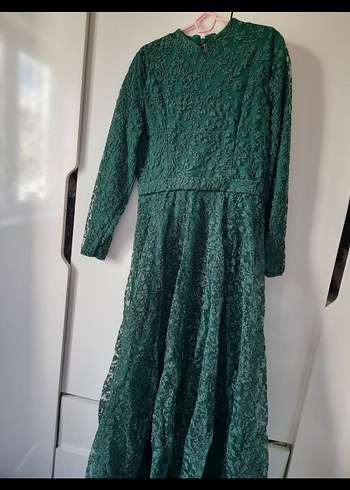 42 Beden Uzun Dantel Vintage Yeşil Kadın Elbise