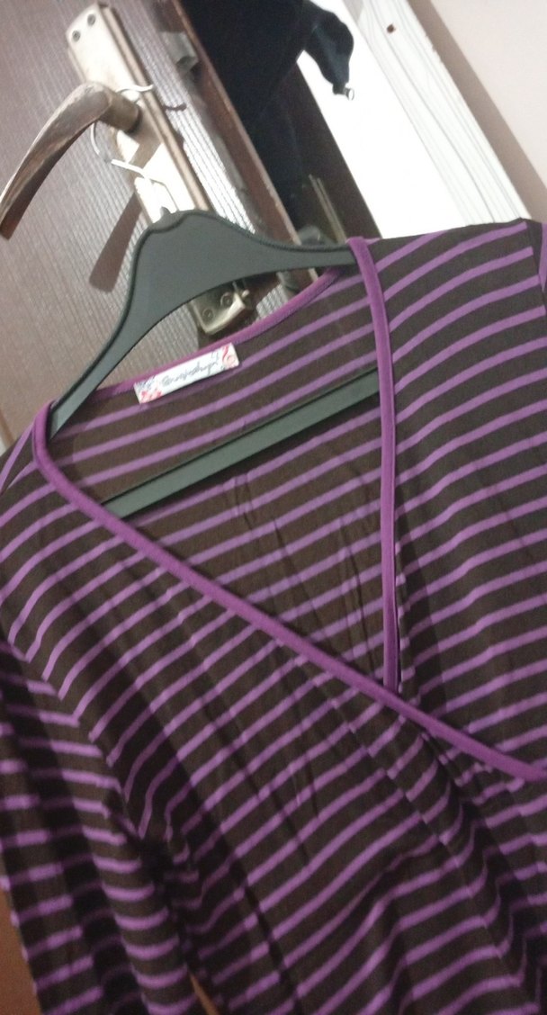 Uzun Kollu Mor Çizgili Hamile Bluzu - Görsel 2