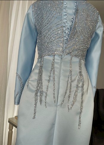 Uzun Drapeli Mavi Abiye Elbise - Görsel 5