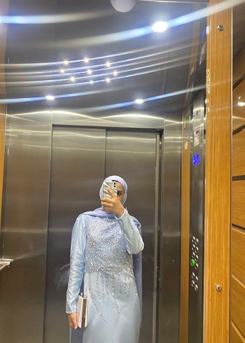 Uzun Drapeli Mavi Abiye Elbise - Görsel 2