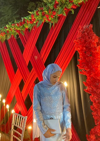 Uzun Drapeli Mavi Abiye Elbise - Görsel 3