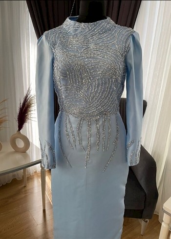 Uzun Drapeli Mavi Abiye Elbise - Görsel 4