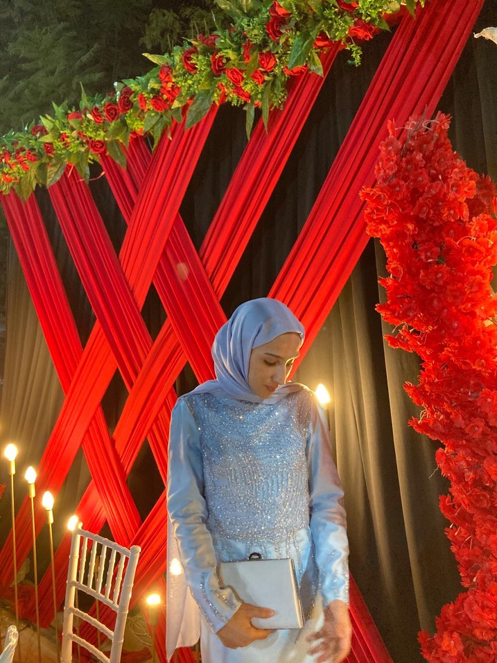 Uzun Drapeli Mavi Abiye Elbise - Görsel 3