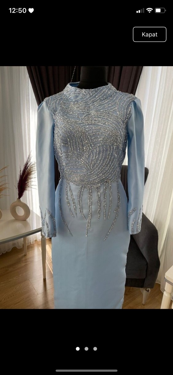 Uzun Drapeli Mavi Abiye Elbise - Görsel 4