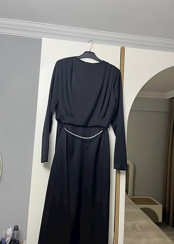 Siyah V Yaka Uzun Kollu Drapeli Elbise - Görsel 2