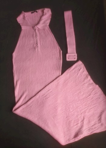Pembe Kemerli Uzun Triko Elbise