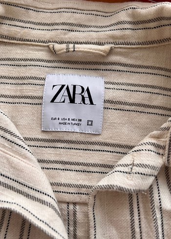 Zara Bej Çizgili Uzun Kollu Keten Gömlek