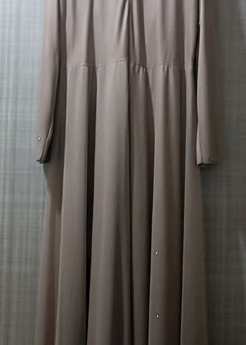 54 beden Bej Uzun Kollu Dökümlü Abiye Elbise - Görsel 2
