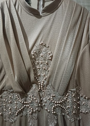 54 beden Bej Uzun Kollu Dökümlü Abiye Elbise - Görsel 3