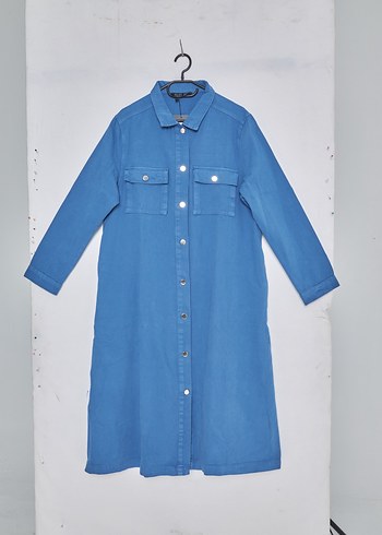 Düğmeli Uzun Mavi Denim Kadın Kot trenckot
