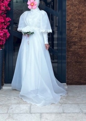 Henna Gelinlik Drapeli Yüksek Yakalı Beyaz nikah Elbisesi