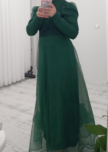 38 Beden Kadın Uzun Yeşil Gotik V Yaka Elbise