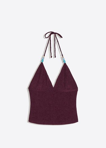 Bershka Bordo Boncuklu V Yaka Askili Mini Bluz