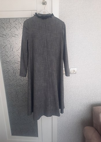 Püsküllü Gri Uzun Keten Kadın Kaban - Görsel 2