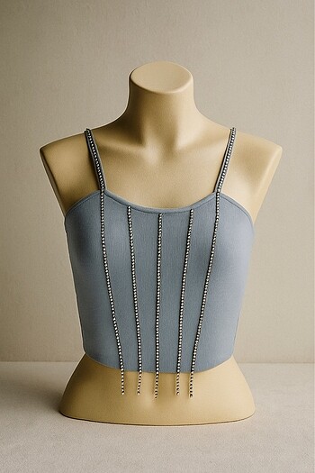 Bershka Taş Detaylı Mavi Crop Top