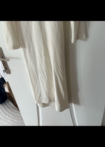 Uzun Kollu Drapeli Beyaz Keten Elbise - Görsel 6