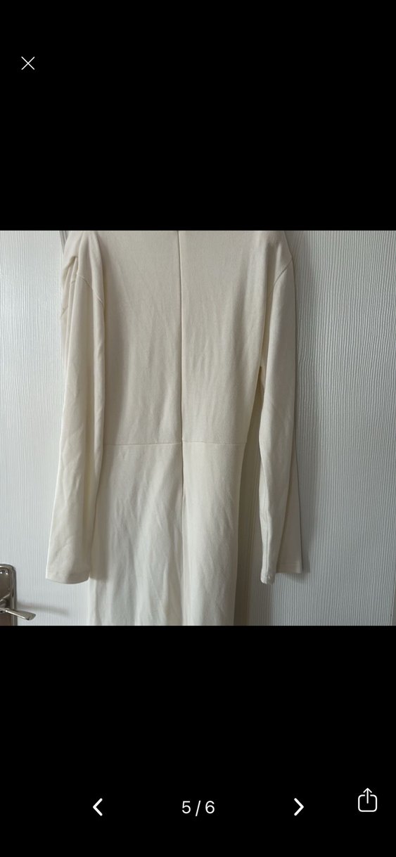 Uzun Kollu Drapeli Beyaz Keten Elbise - Görsel 5