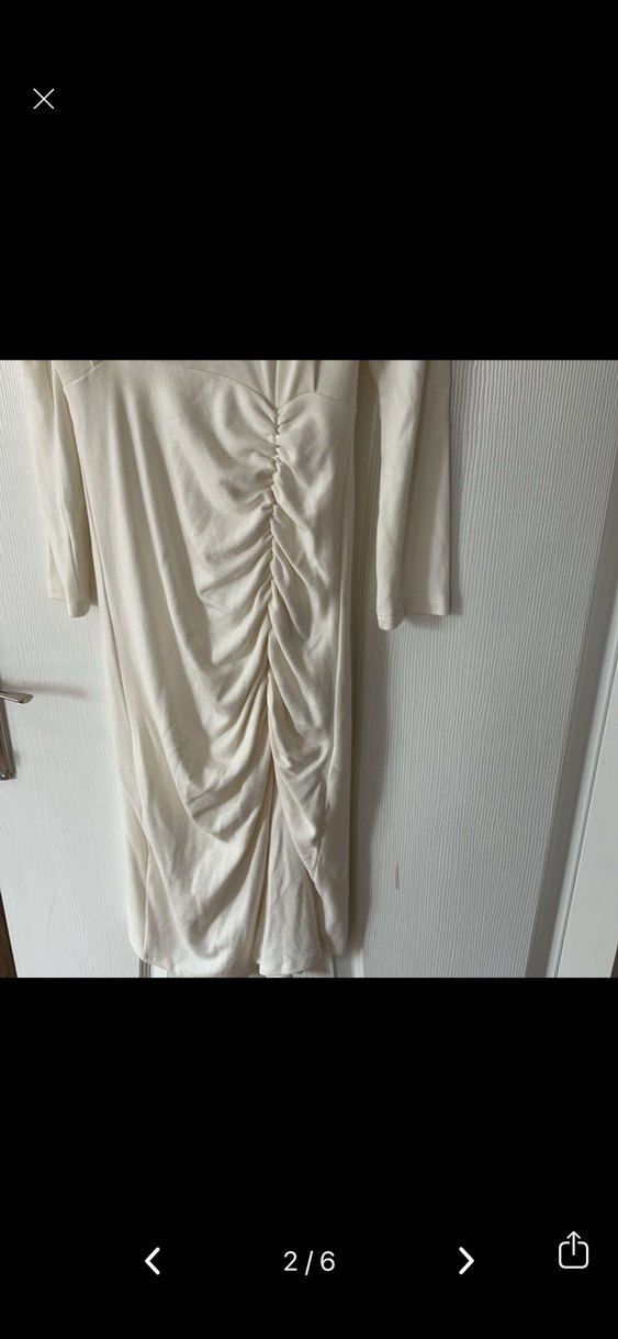 Uzun Kollu Drapeli Beyaz Keten Elbise - Görsel 2