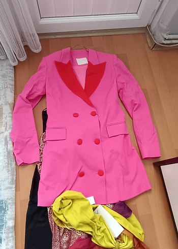 Düğmeli Pembe Midi Kadın Blazer Ceket