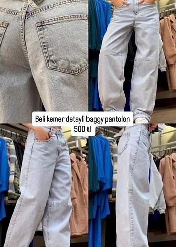 Gri Baggy Denim Pantolon Kemer Detaylı