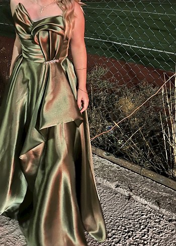 Uzun Drapeli Straplez yeşil abiye elbise - Görsel 2