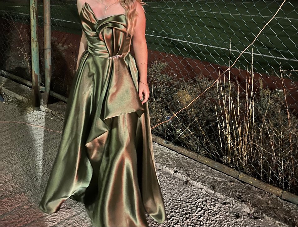 Uzun Drapeli Straplez yeşil abiye elbise - Görsel 2