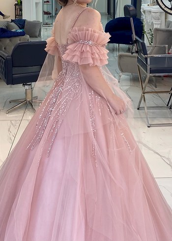 Pudra Pembe Straplez İşlemeli Uzun Abiye - Görsel 3