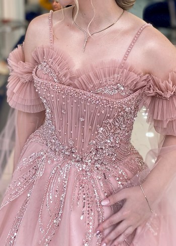 Pudra Pembe Straplez İşlemeli Uzun Abiye - Görsel 2