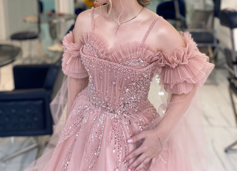 Pudra Pembe Straplez İşlemeli Uzun Abiye - Görsel 2