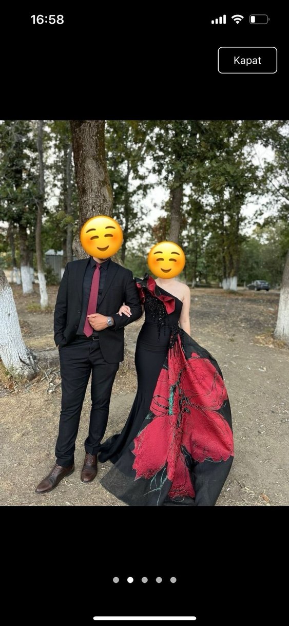 Kırmızı Siyah Straplez Uzun Abiye Elbise - Görsel 4