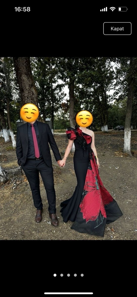 Kırmızı Siyah Straplez Uzun Abiye Elbise - Görsel 3