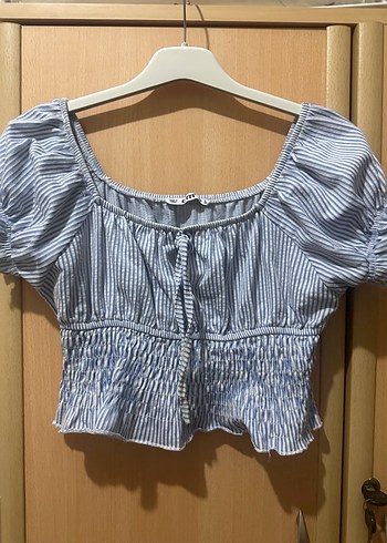 Mavi Çizgili Kısa Kollu Mini Bluz