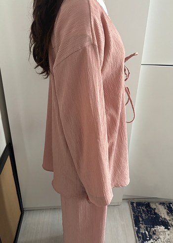 Diğer Pembe Bohem Uzun Kollu Keten Kadın Kimono