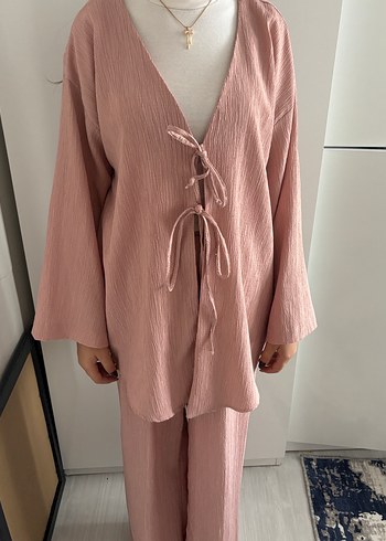 Pembe Bohem Uzun Kollu Keten Kadın Kimono