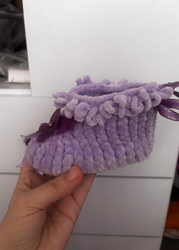 Mor Çiçekli Örgü Kız Çocuk Ev Terliği - Görsel 3