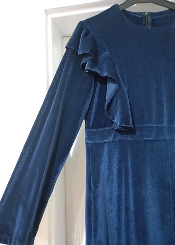 Lacivert Uzun Kollu Kadın Kadife Elbise - Görsel 3